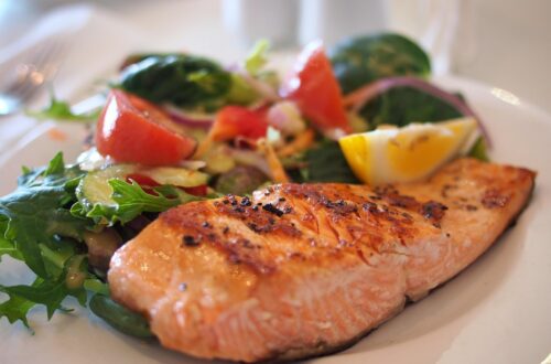 What I eat in June: fresh salad and salmon