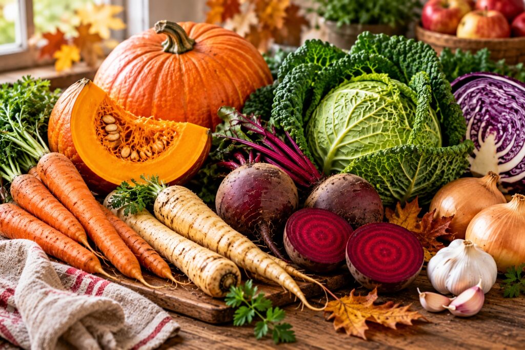 Seasonal November vegetables including pumpkin, beetroot, cabbage and root vegetables