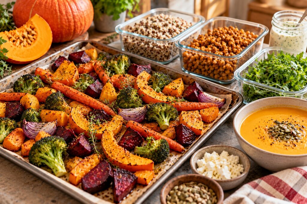 October meal prep with roasted seasonal vegetables