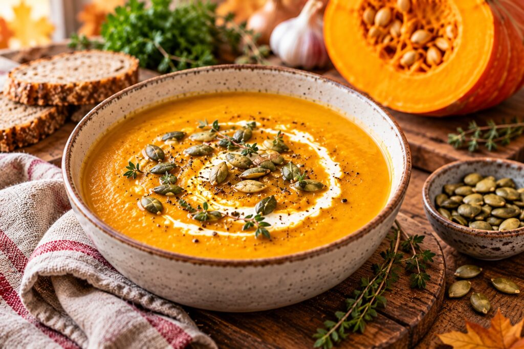 Creamy pumpkin soup topped with pumpkin seeds, a quick autumn recipe